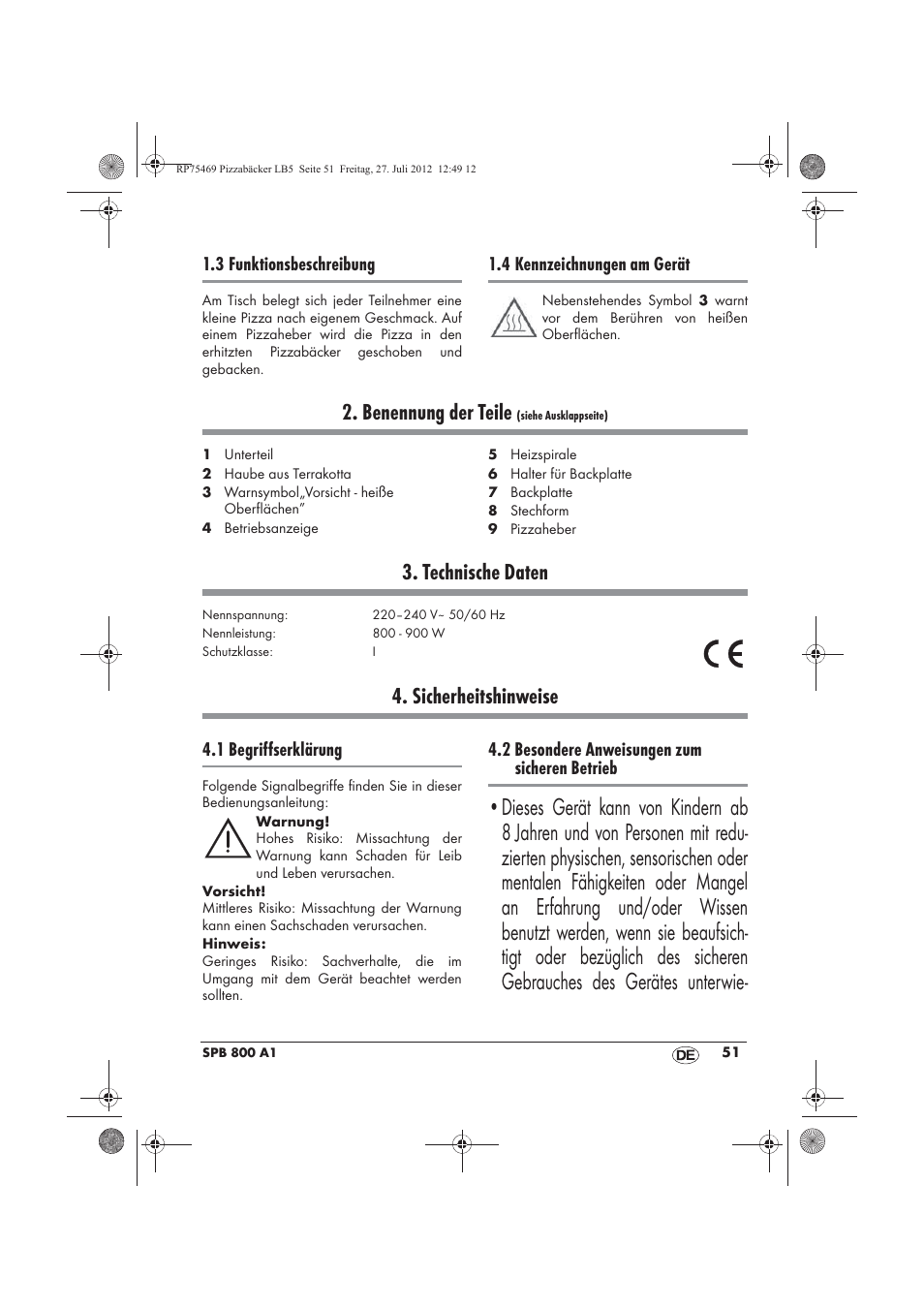 Benennung der teile, Technische daten, Sicherheitshinweise | Silvercrest SPB 800 A1 User Manual | Page 53 / 66