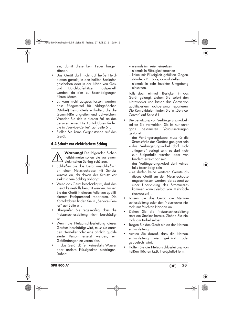 4 schutz vor elektrischem schlag | Silvercrest SPB 800 A1 User Manual | Page 55 / 66