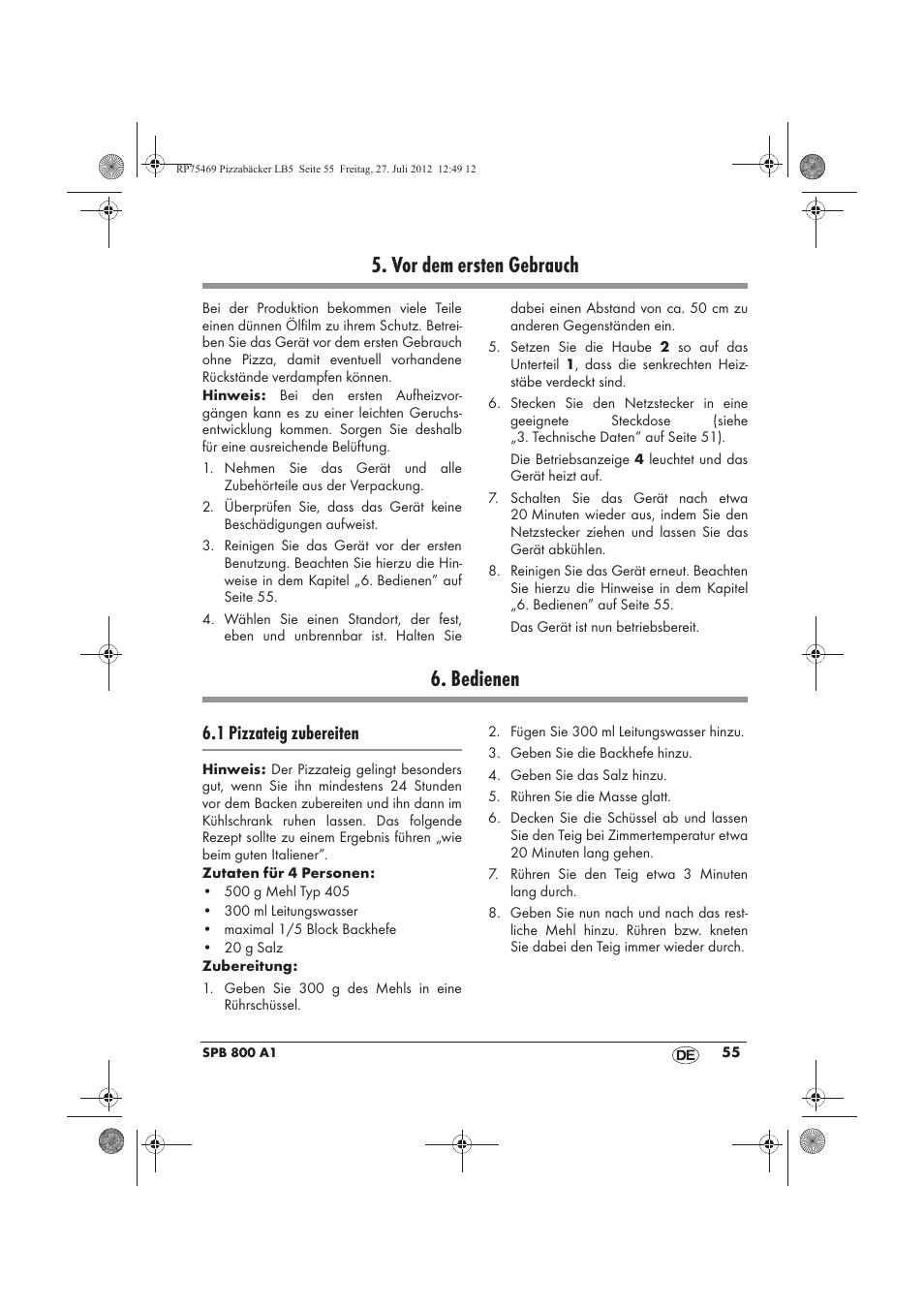 Vor dem ersten gebrauch, Bedienen, 1 pizzateig zubereiten | Silvercrest SPB 800 A1 User Manual | Page 57 / 66