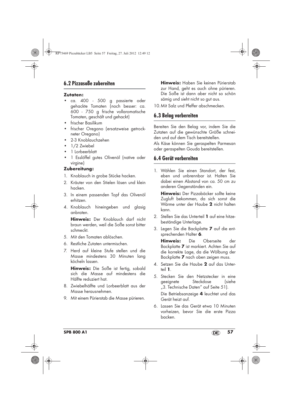 2 pizzasoße zubereiten, 3 belag vorbereiten, 4 gerät vorbereiten | Silvercrest SPB 800 A1 User Manual | Page 59 / 66