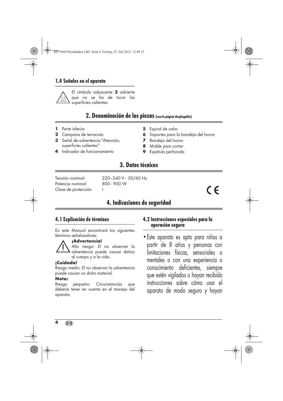 Denominación de las piezas, Datos técnicos, Indicaciones de seguridad | Silvercrest SPB 800 A1 User Manual | Page 6 / 66