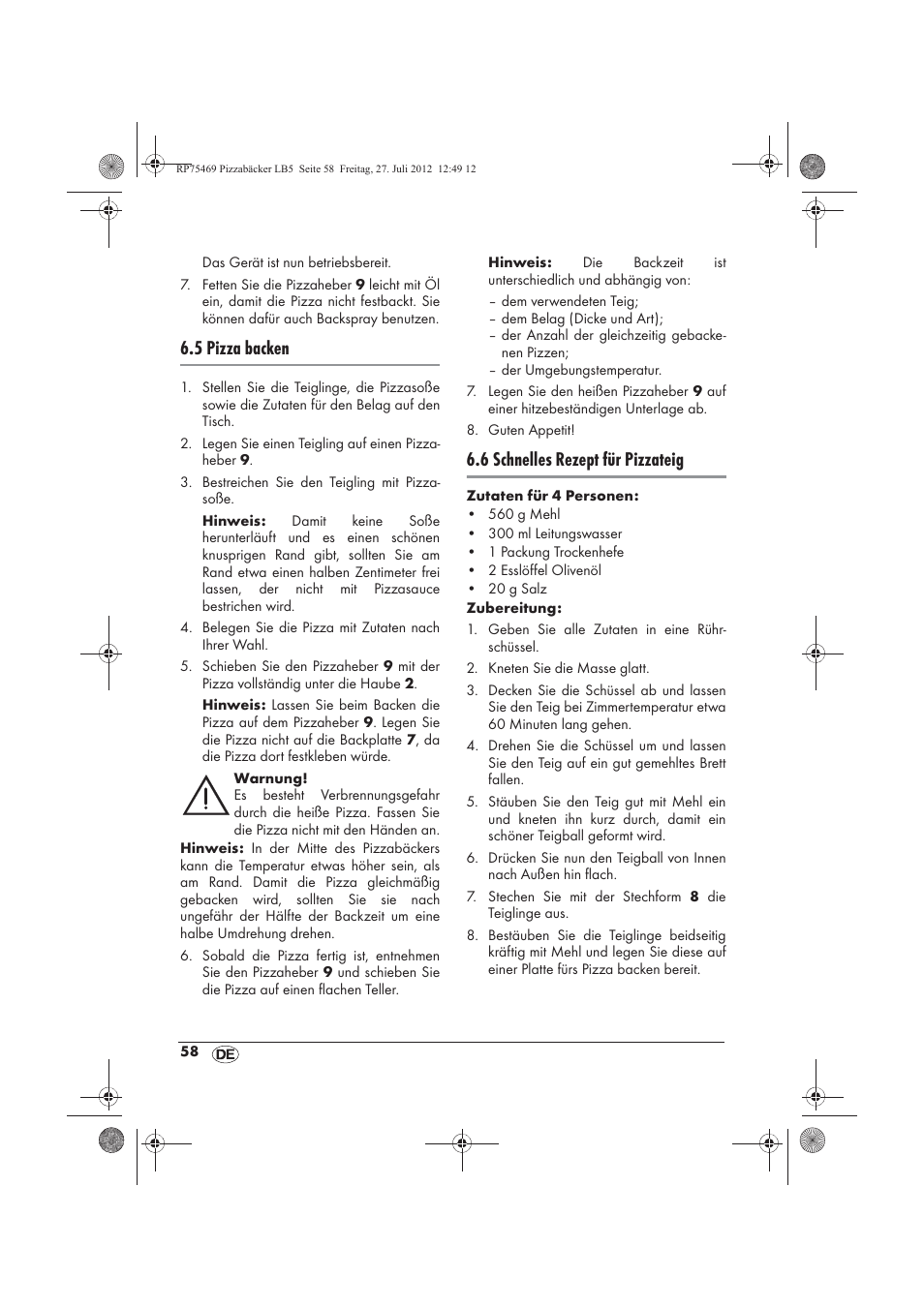 5 pizza backen, 6 schnelles rezept für pizzateig | Silvercrest SPB 800 A1 User Manual | Page 60 / 66