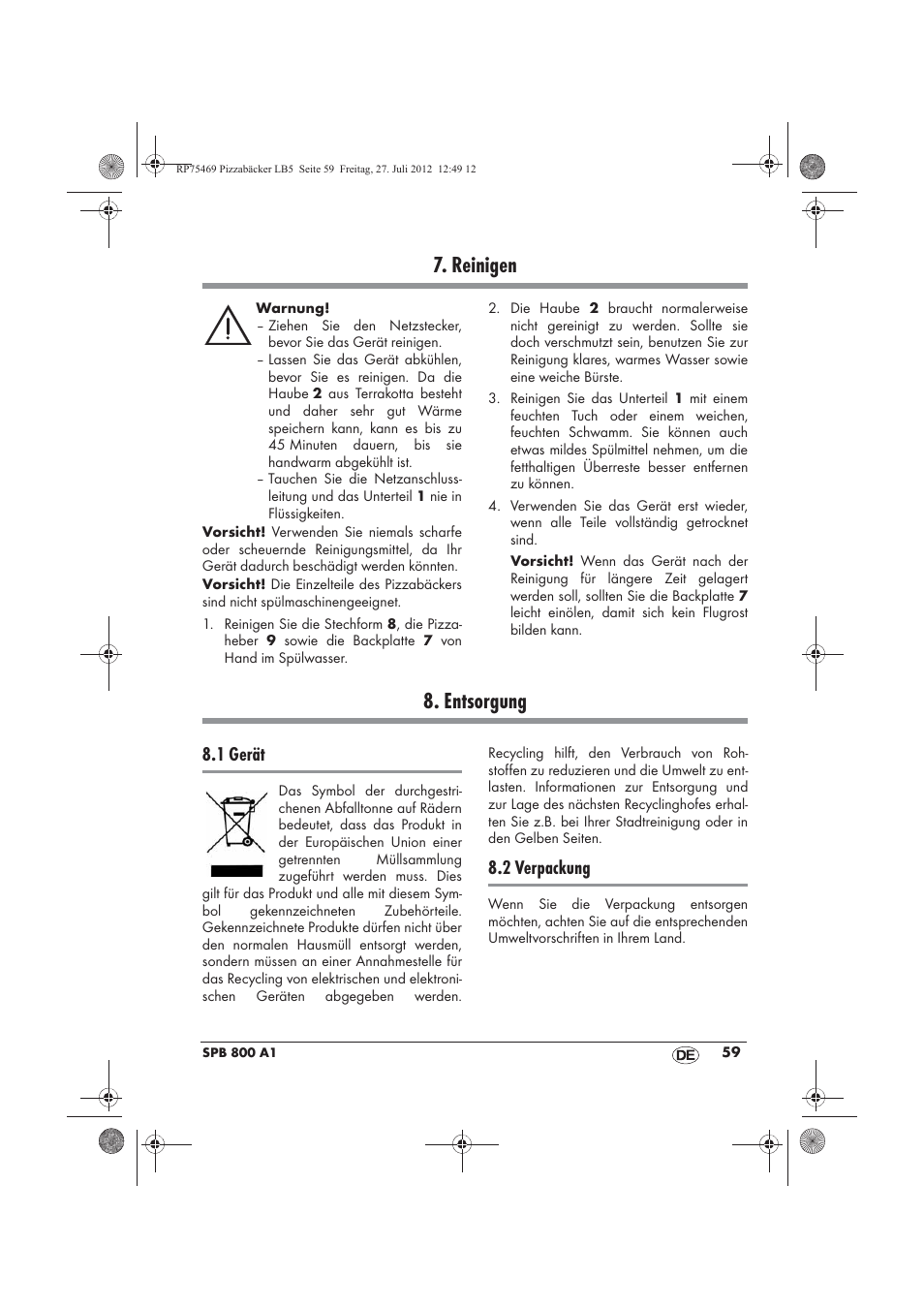 Reinigen, Entsorgung, 1 gerät | 2 verpackung | Silvercrest SPB 800 A1 User Manual | Page 61 / 66