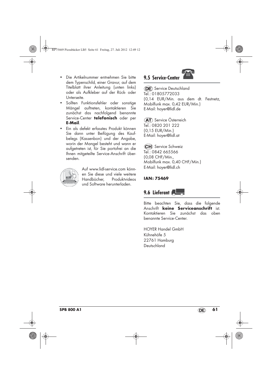 Service-center, 6 lieferant | Silvercrest SPB 800 A1 User Manual | Page 63 / 66