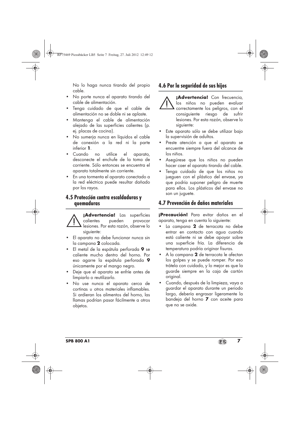 5 protección contra escaldaduras y quemaduras, 6 por la seguridad de sus hijos, 7 prevención de daños materiales | Silvercrest SPB 800 A1 User Manual | Page 9 / 66