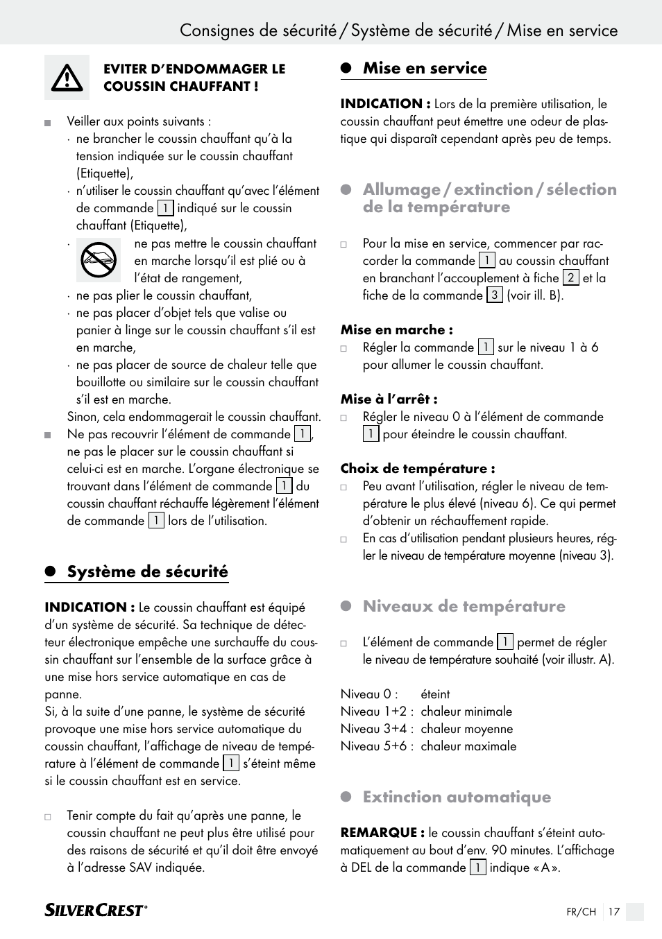 Système de sécurité, Mise en service, Niveaux de température | Extinction automatique | Silvercrest SHK 100 B2 User Manual | Page 17 / 44