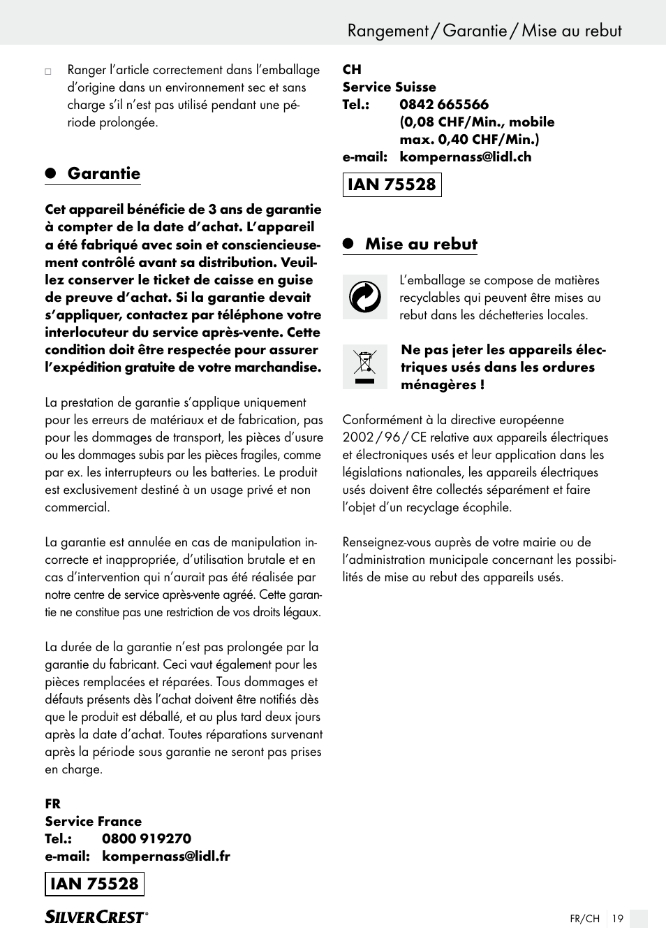 Rangement / garantie / mise au rebut, Garantie, Mise au rebut | Silvercrest SHK 100 B2 User Manual | Page 19 / 44