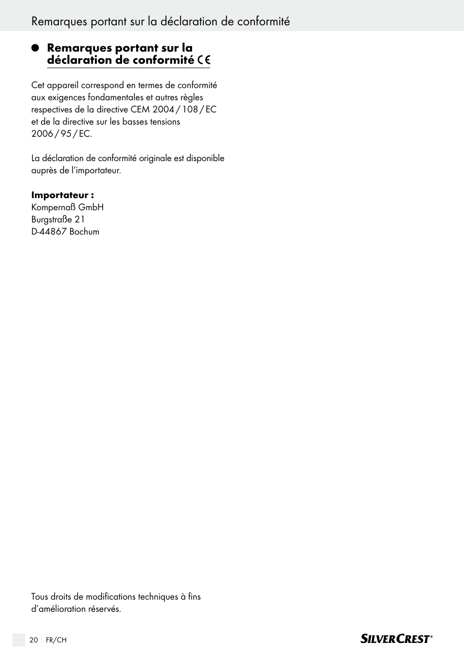 Remarques portant sur la déclaration de conformité | Silvercrest SHK 100 B2 User Manual | Page 20 / 44