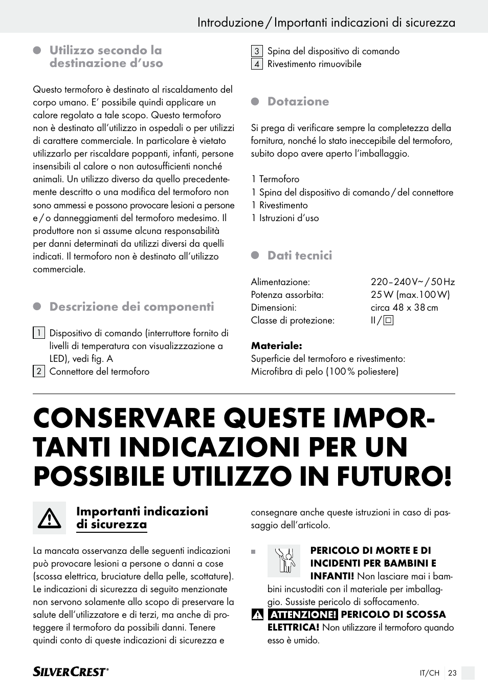 Introduzione / importanti indicazioni di sicurezza | Silvercrest SHK 100 B2 User Manual | Page 23 / 44