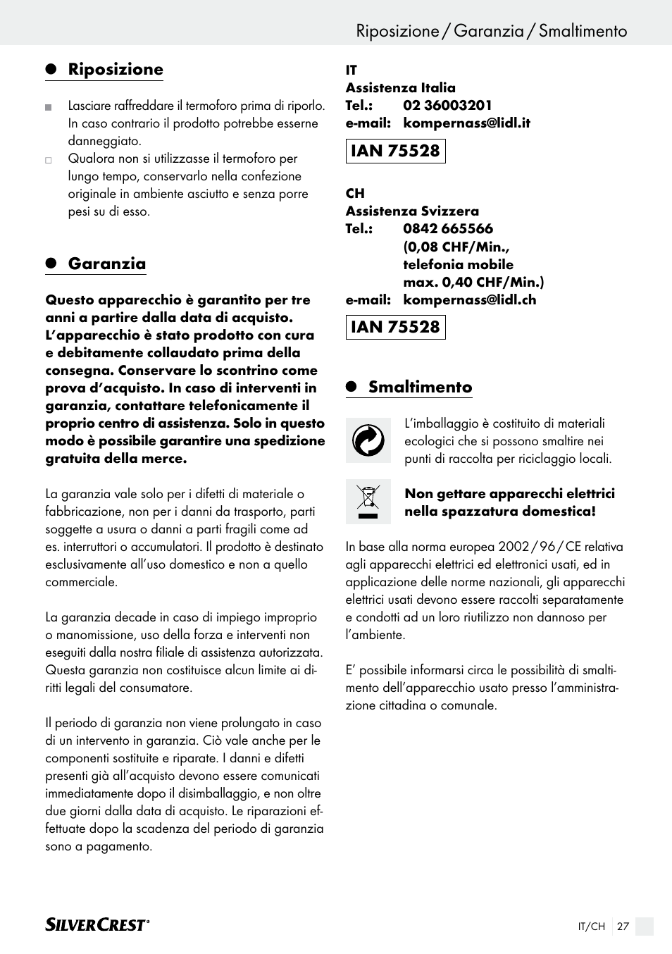 Riposizione / garanzia / smaltimento, Riposizione, Garanzia | Silvercrest SHK 100 B2 User Manual | Page 27 / 44