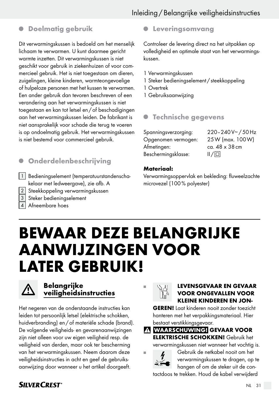 Inleiding / belangrijke veiligheidsinstructies | Silvercrest SHK 100 B2 User Manual | Page 31 / 44