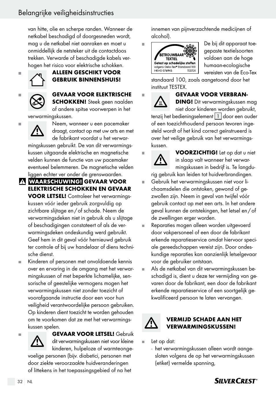 Belangrijke veiligheidsinstructies | Silvercrest SHK 100 B2 User Manual | Page 32 / 44