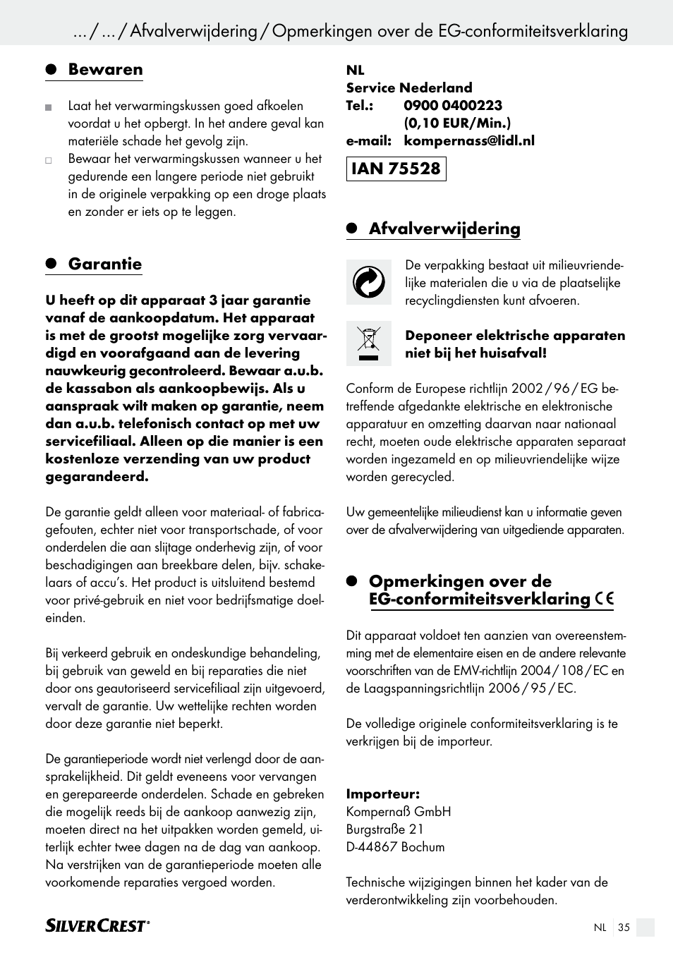 Bewaren, Garantie, Afvalverwijdering | Opmerkingen over de eg-conformiteitsverklaring | Silvercrest SHK 100 B2 User Manual | Page 35 / 44