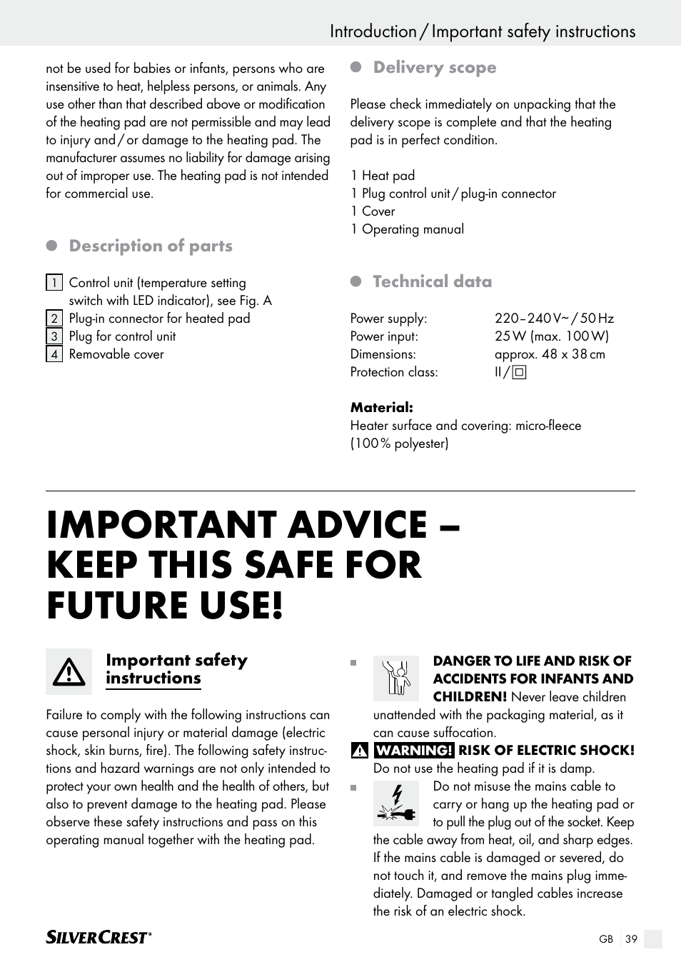 Important advice – keep this safe for future use, Introduction / important safety instructions, Introduction | Silvercrest SHK 100 B2 User Manual | Page 39 / 44