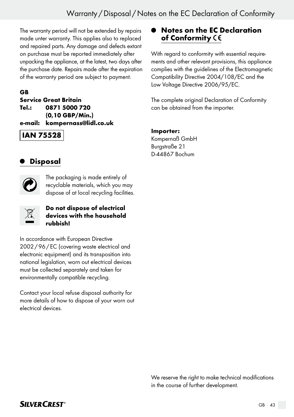 Cleaning and care / storage / warranty, Disposal | Silvercrest SHK 100 B2 User Manual | Page 43 / 44