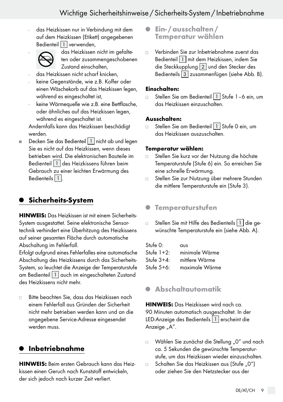 Sicherheits-system, Inbetriebnahme, Ein- / ausschalten / temperatur wählen | Temperaturstufen, Abschaltautomatik | Silvercrest SHK 100 B2 User Manual | Page 9 / 44