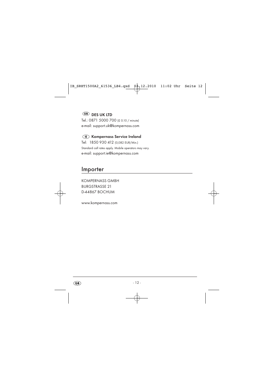 Importer | Silvercrest SRHT 1500 A2 User Manual | Page 14 / 73