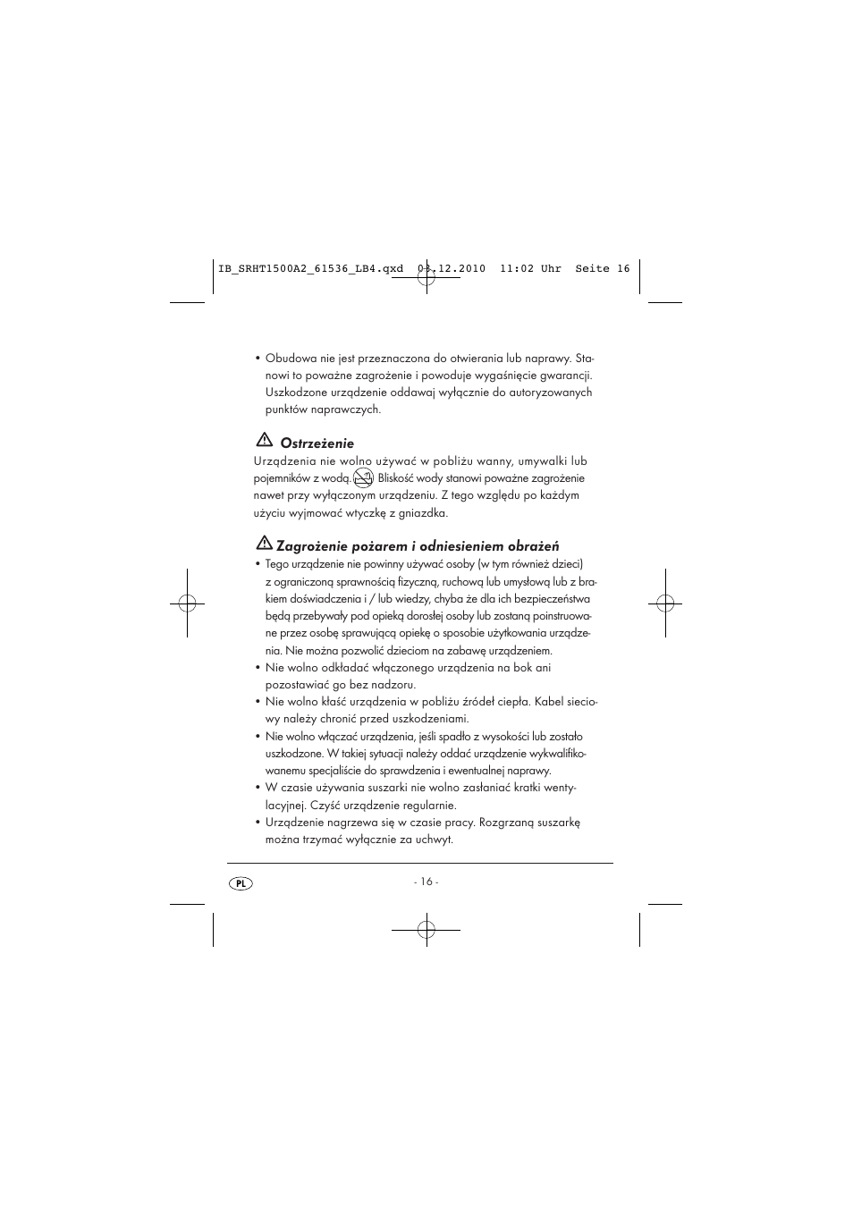 Ostrzeżenie, Zagrożenie pożarem i odniesieniem obrażeń | Silvercrest SRHT 1500 A2 User Manual | Page 18 / 73