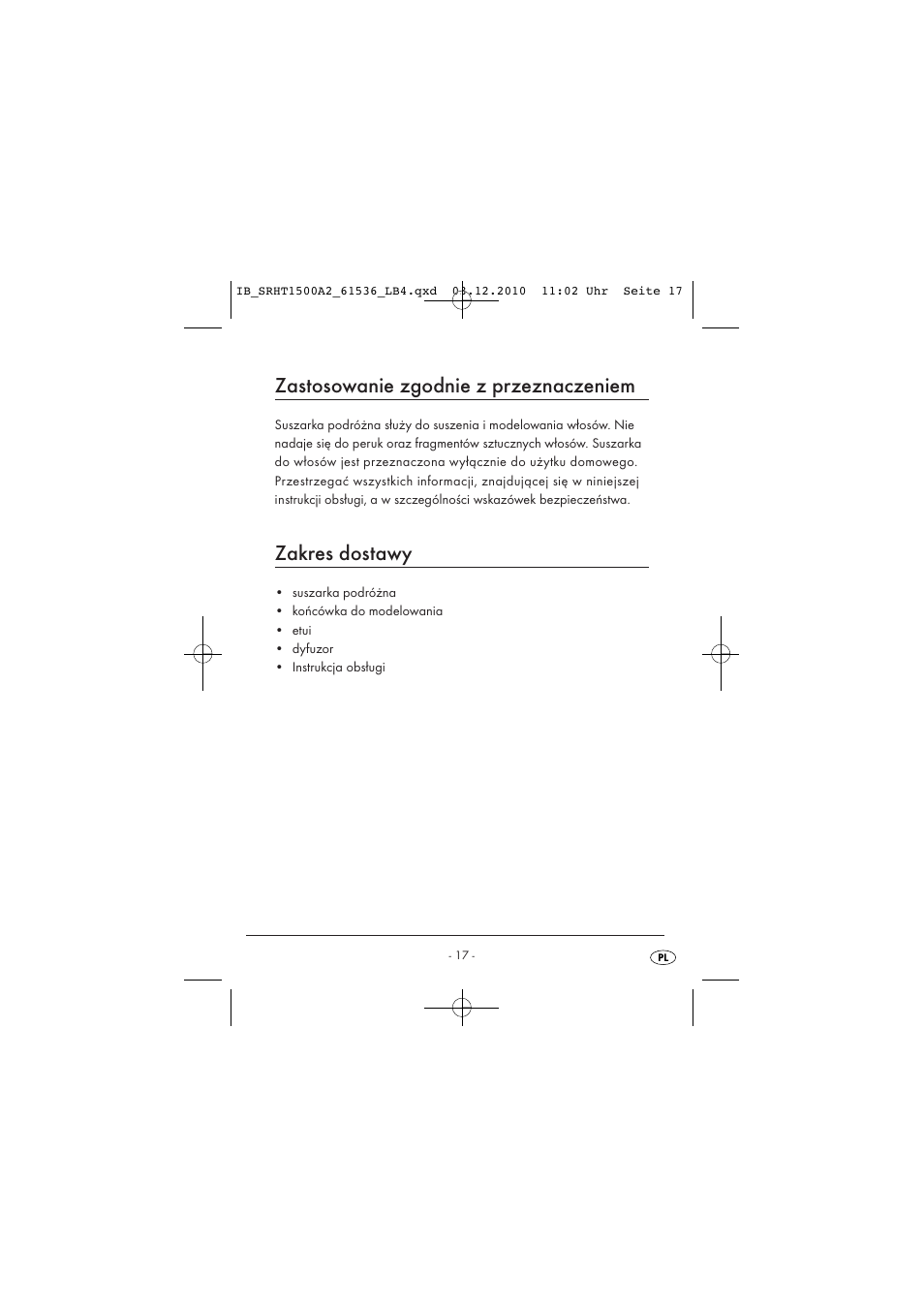 Zastosowanie zgodnie z przeznaczeniem, Zakres dostawy | Silvercrest SRHT 1500 A2 User Manual | Page 19 / 73