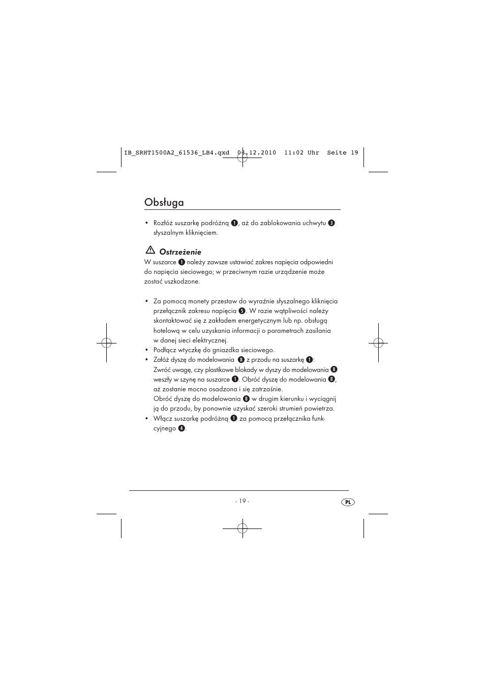 Obsługa, Ostrzeżenie | Silvercrest SRHT 1500 A2 User Manual | Page 21 / 73