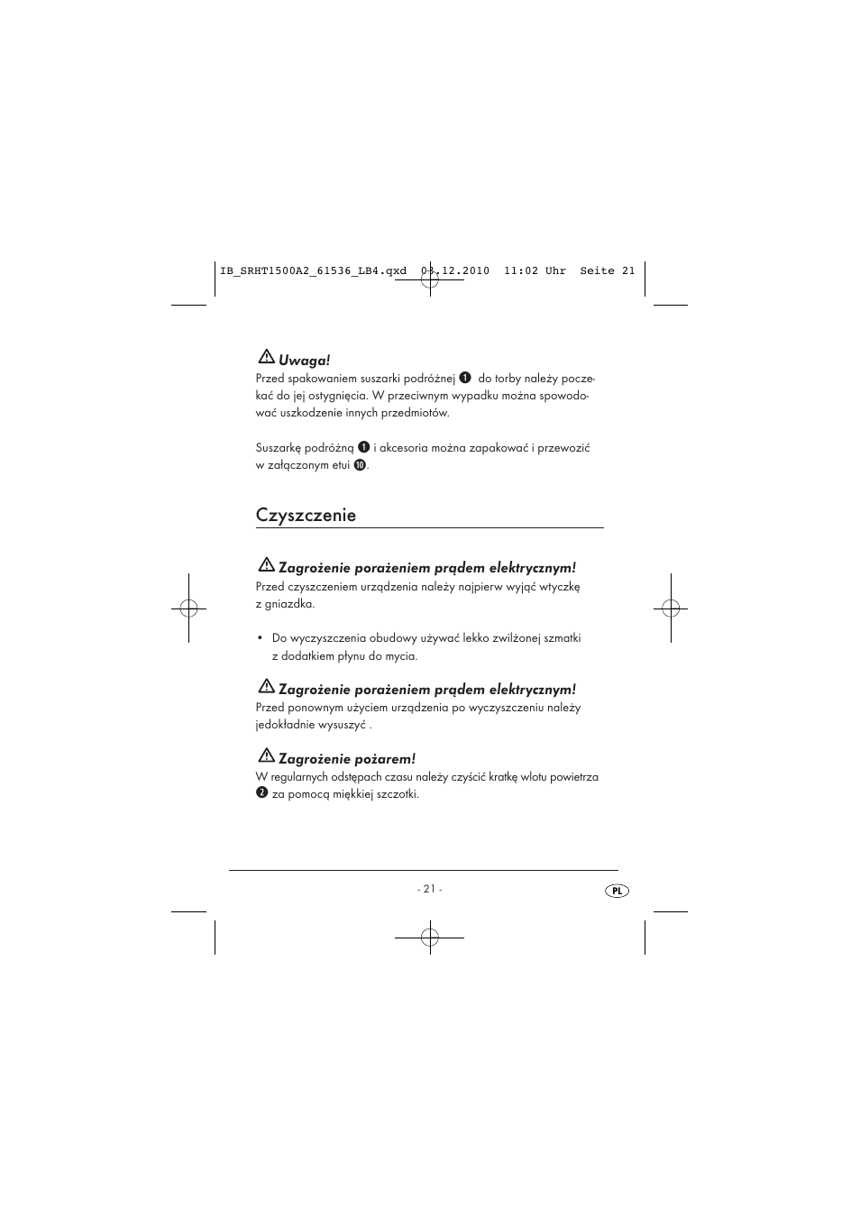Czyszczenie, Uwaga, Zagrożenie porażeniem prądem elektrycznym | Zagrożenie pożarem | Silvercrest SRHT 1500 A2 User Manual | Page 23 / 73