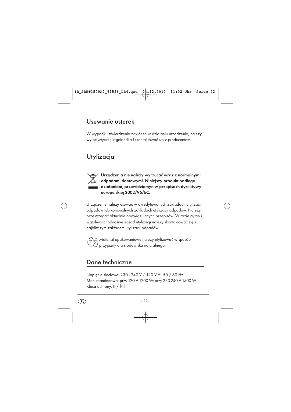 Usuwanie usterek, Utylizacja, Dane techniczne | Silvercrest SRHT 1500 A2 User Manual | Page 24 / 73