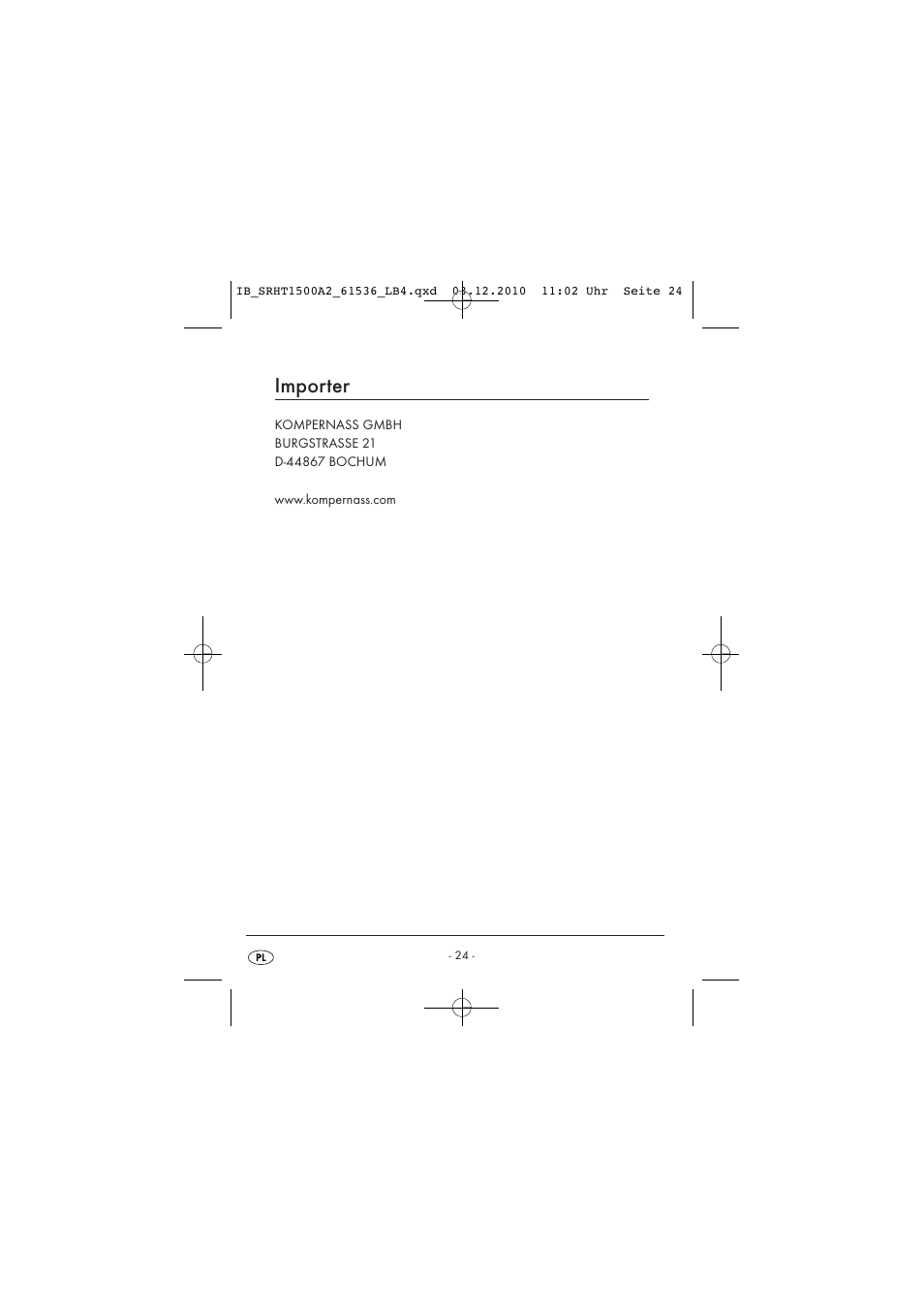 Importer | Silvercrest SRHT 1500 A2 User Manual | Page 26 / 73