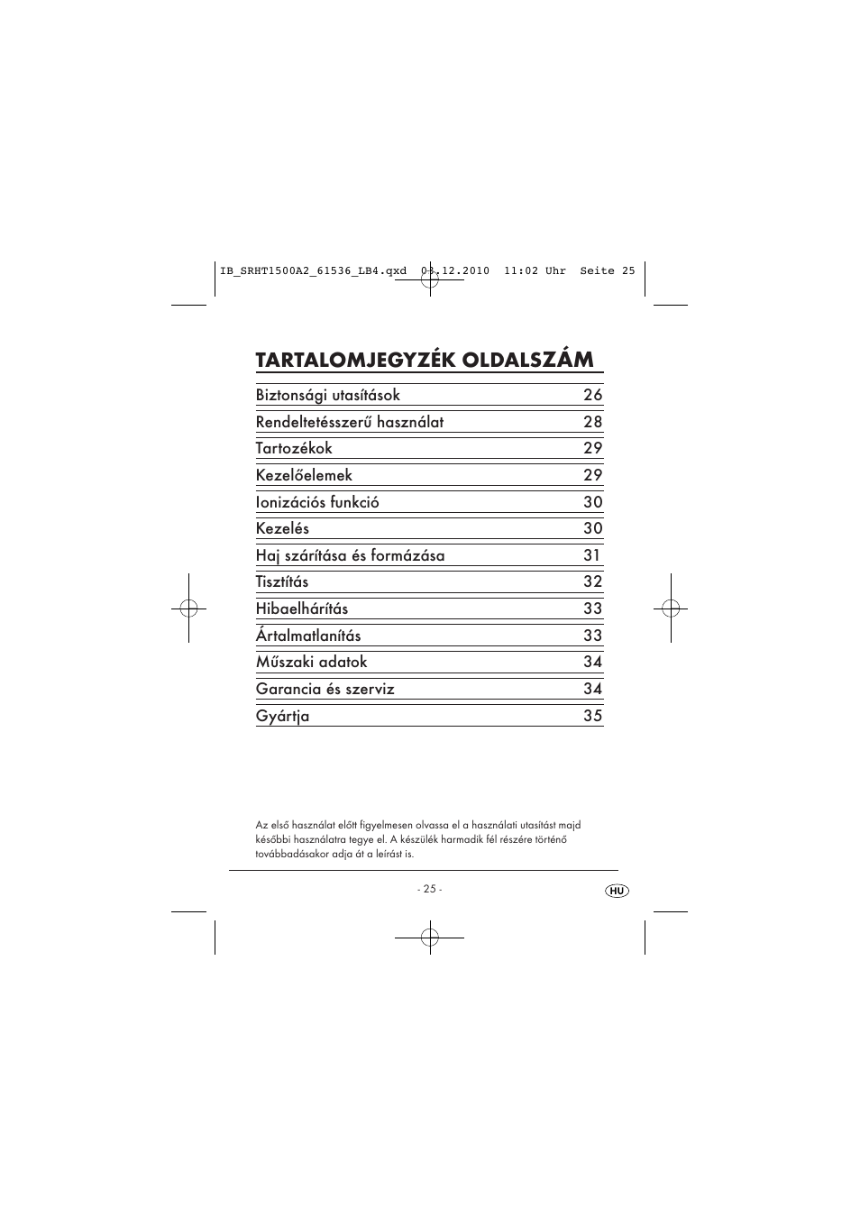 Tartalomjegyzék oldals | Silvercrest SRHT 1500 A2 User Manual | Page 27 / 73