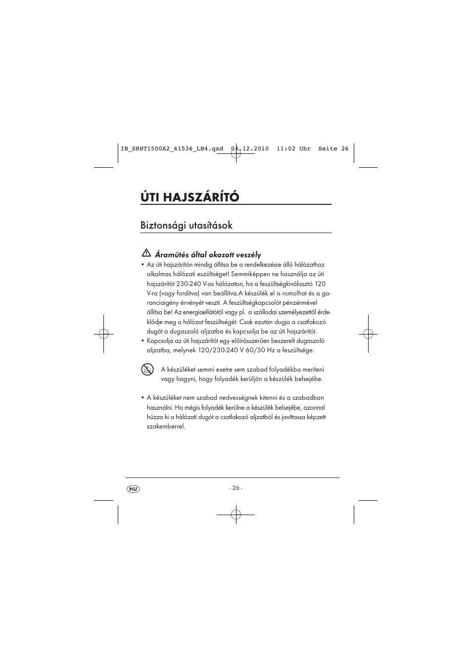 Úti hajszárító, Biztonsági utasítások | Silvercrest SRHT 1500 A2 User Manual | Page 28 / 73
