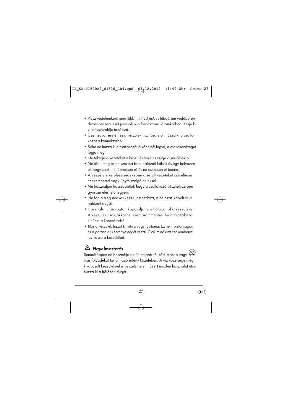 Figyelmeztetés | Silvercrest SRHT 1500 A2 User Manual | Page 29 / 73