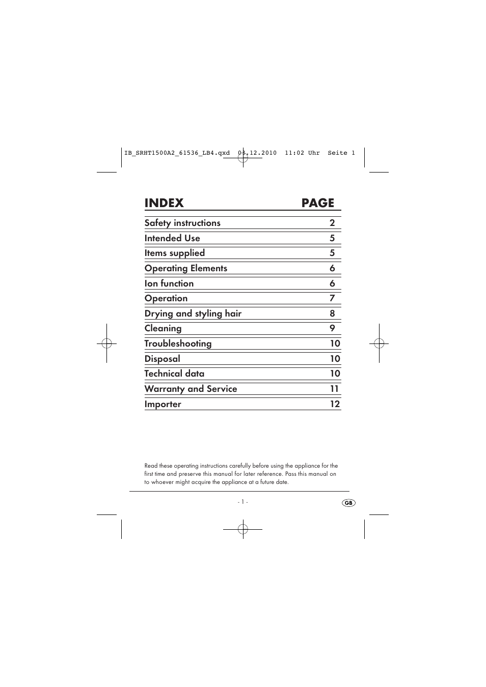 Index page | Silvercrest SRHT 1500 A2 User Manual | Page 3 / 73