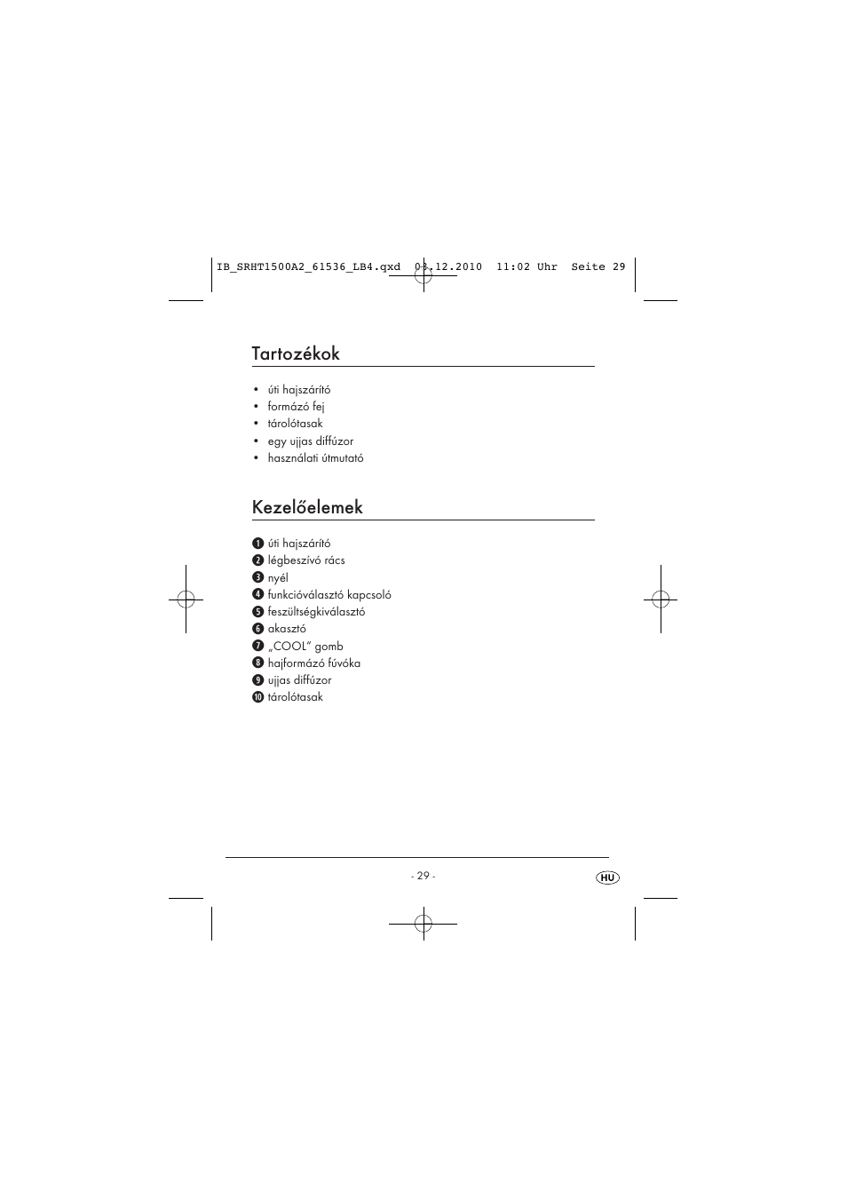 Tartozékok, Kezelőelemek | Silvercrest SRHT 1500 A2 User Manual | Page 31 / 73