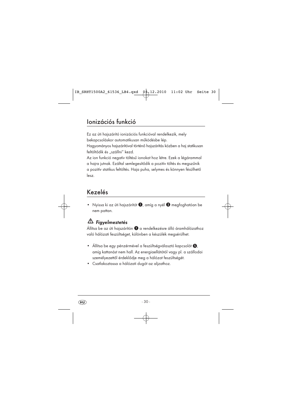 Ionizációs funkció, Kezelés | Silvercrest SRHT 1500 A2 User Manual | Page 32 / 73