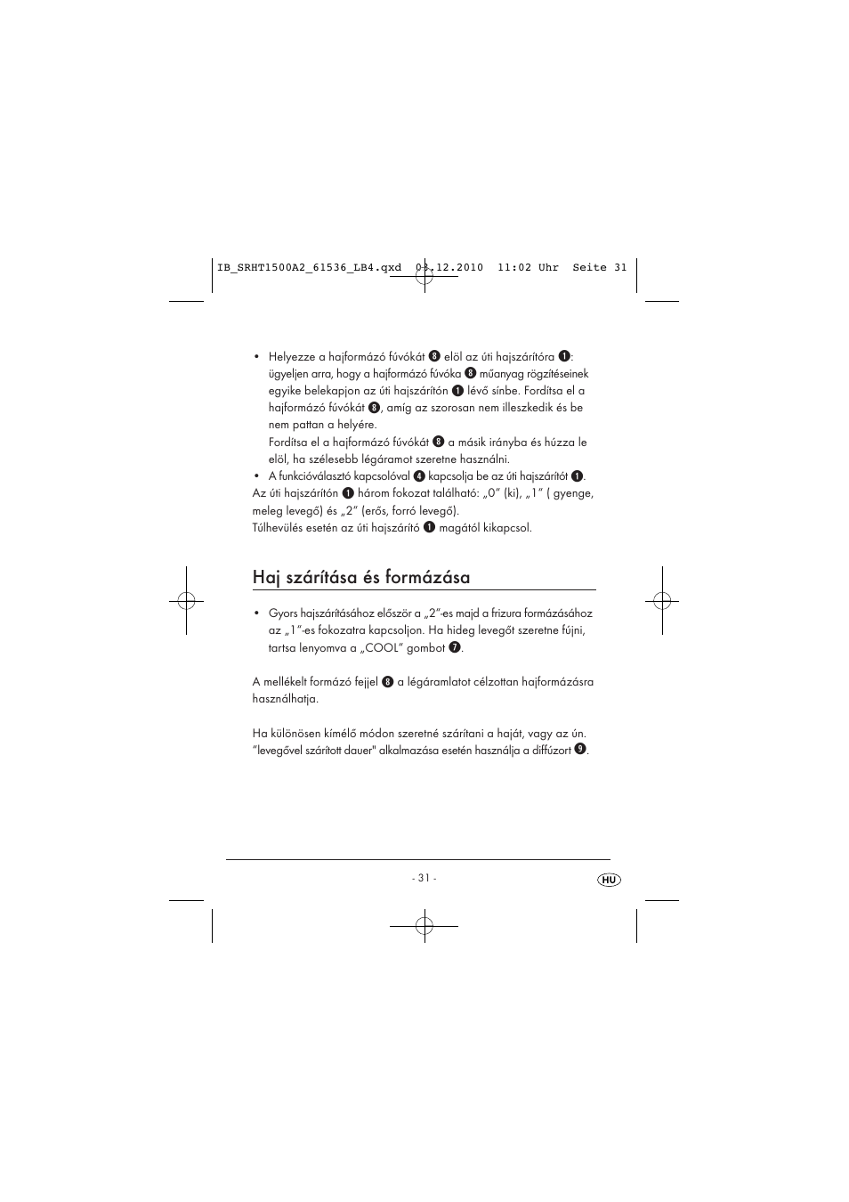 Haj szárítása és formázása | Silvercrest SRHT 1500 A2 User Manual | Page 33 / 73