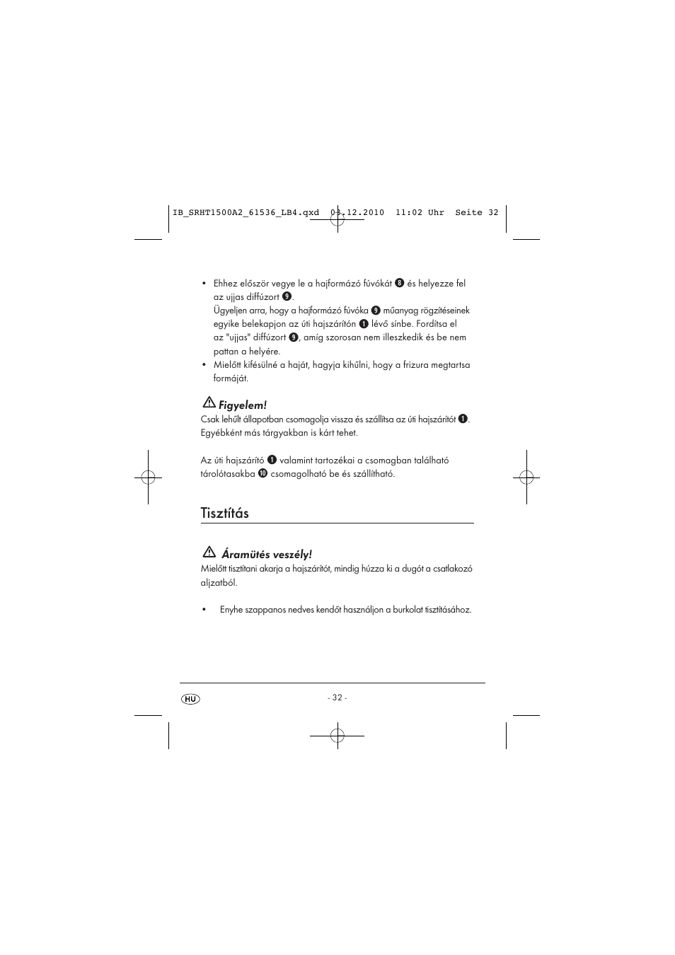 Tisztítás, Figyelem, Áramütés veszély | Silvercrest SRHT 1500 A2 User Manual | Page 34 / 73
