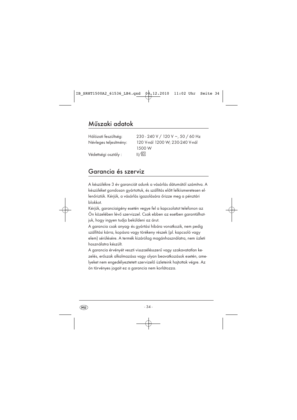 Műszaki adatok, Garancia és szerviz | Silvercrest SRHT 1500 A2 User Manual | Page 36 / 73