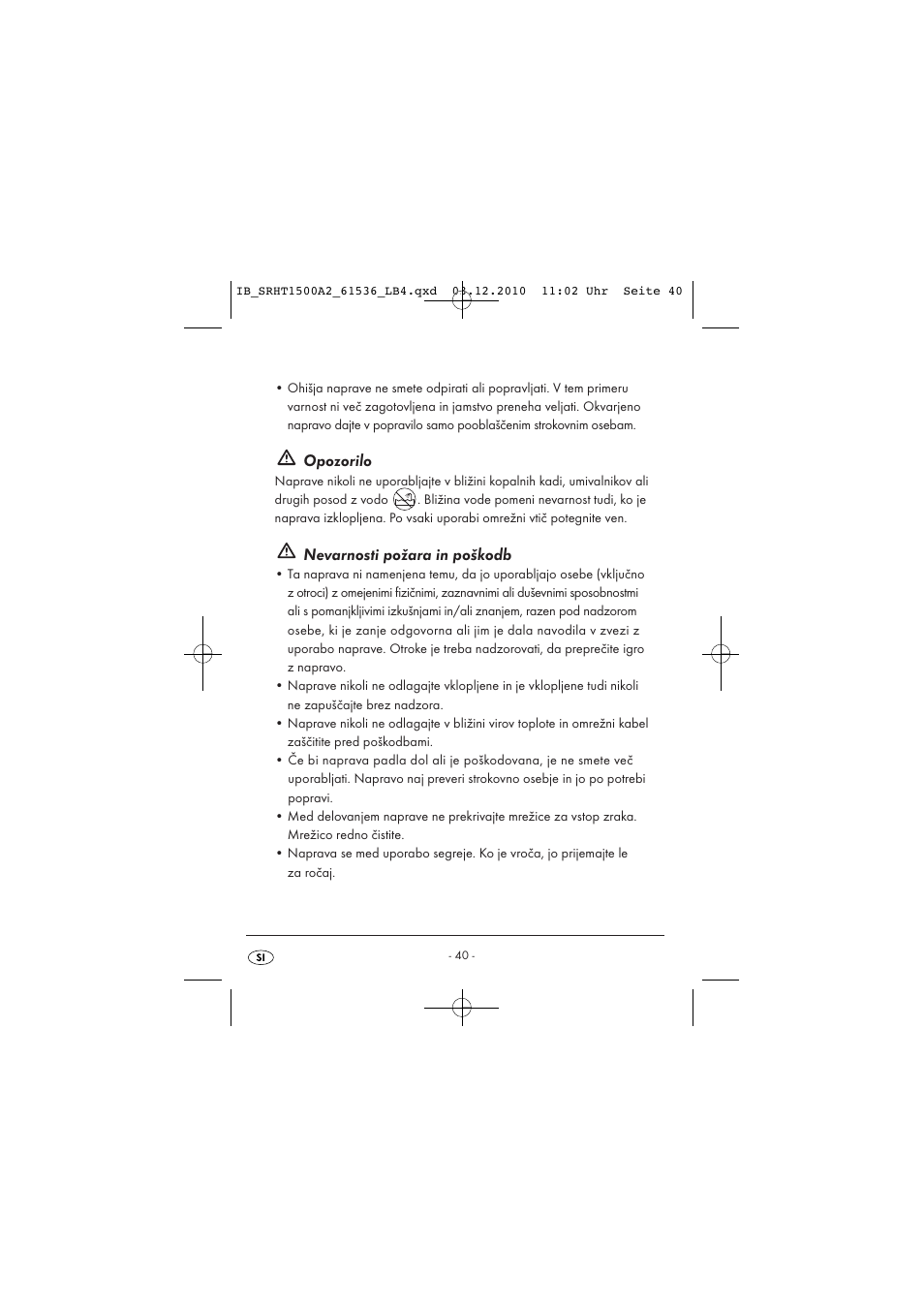 Opozorilo, Nevarnosti požara in poškodb | Silvercrest SRHT 1500 A2 User Manual | Page 42 / 73