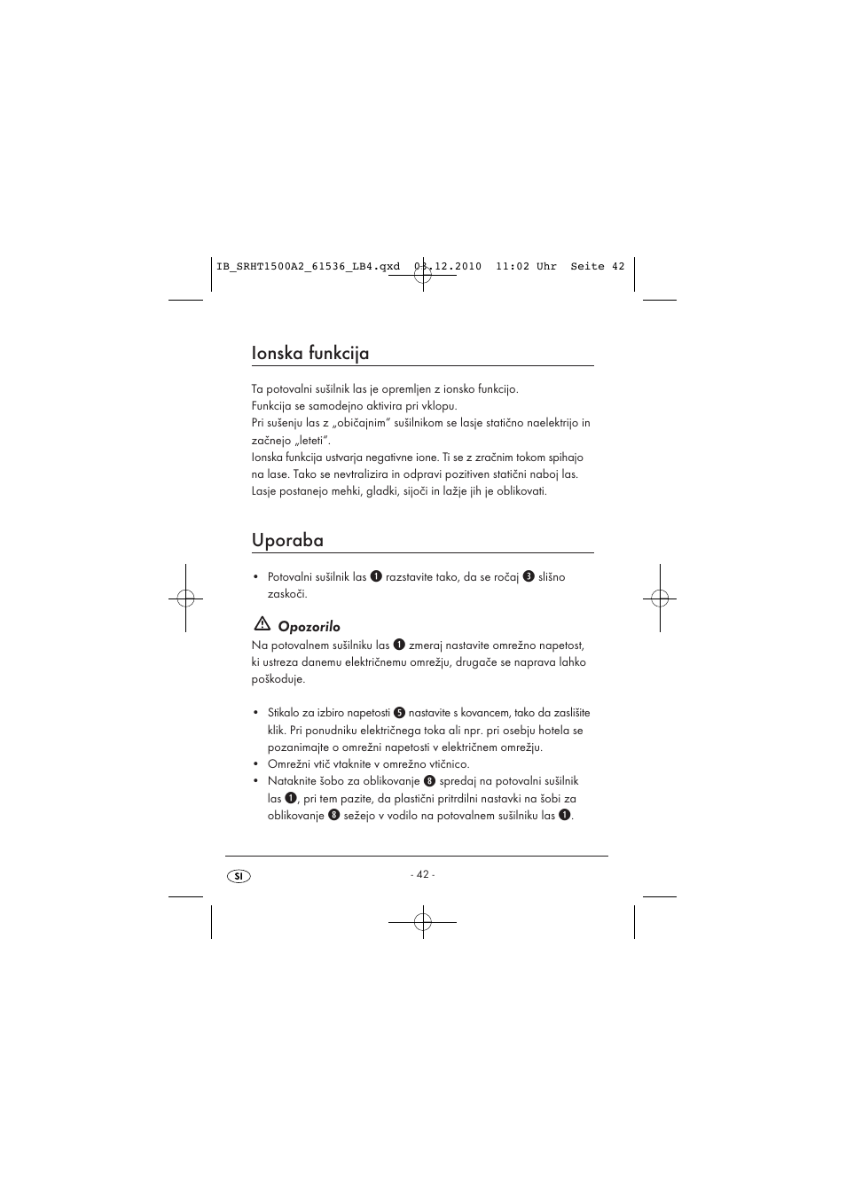 Ionska funkcija, Uporaba, Opozorilo | Silvercrest SRHT 1500 A2 User Manual | Page 44 / 73