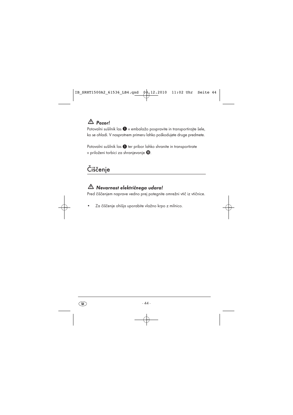 Čiščenje, Pozor, Nevarnost električnega udara | Silvercrest SRHT 1500 A2 User Manual | Page 46 / 73