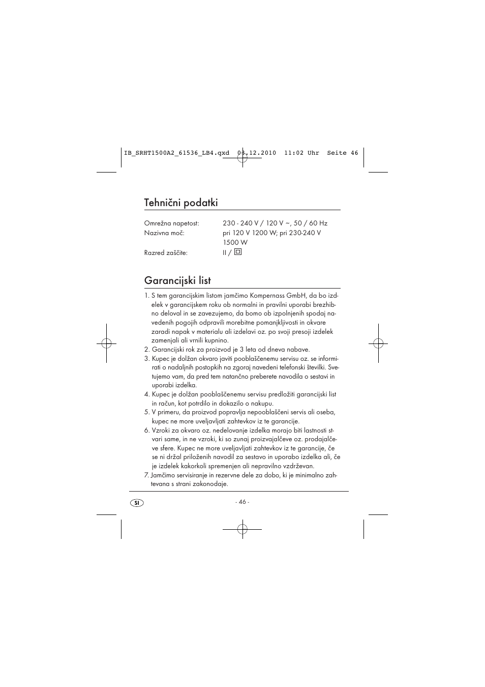 Tehnični podatki, Garancijski list | Silvercrest SRHT 1500 A2 User Manual | Page 48 / 73