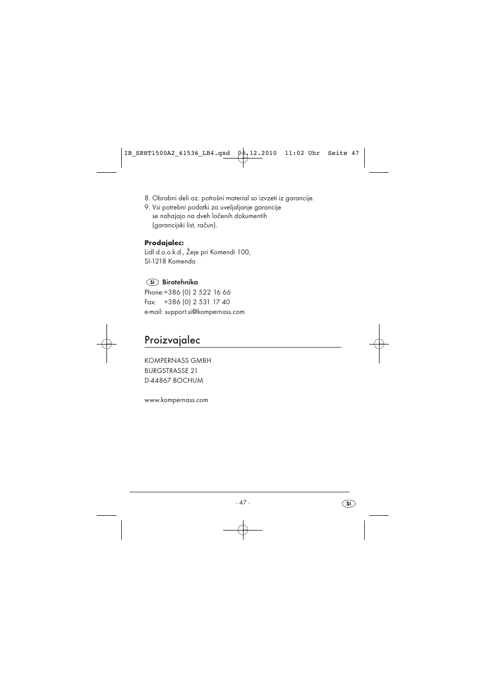 Proizvajalec | Silvercrest SRHT 1500 A2 User Manual | Page 49 / 73