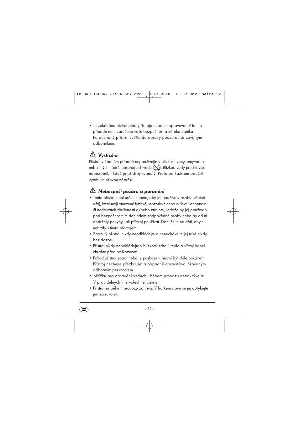Výstraha, Nebezpečí požáru a poranění | Silvercrest SRHT 1500 A2 User Manual | Page 54 / 73