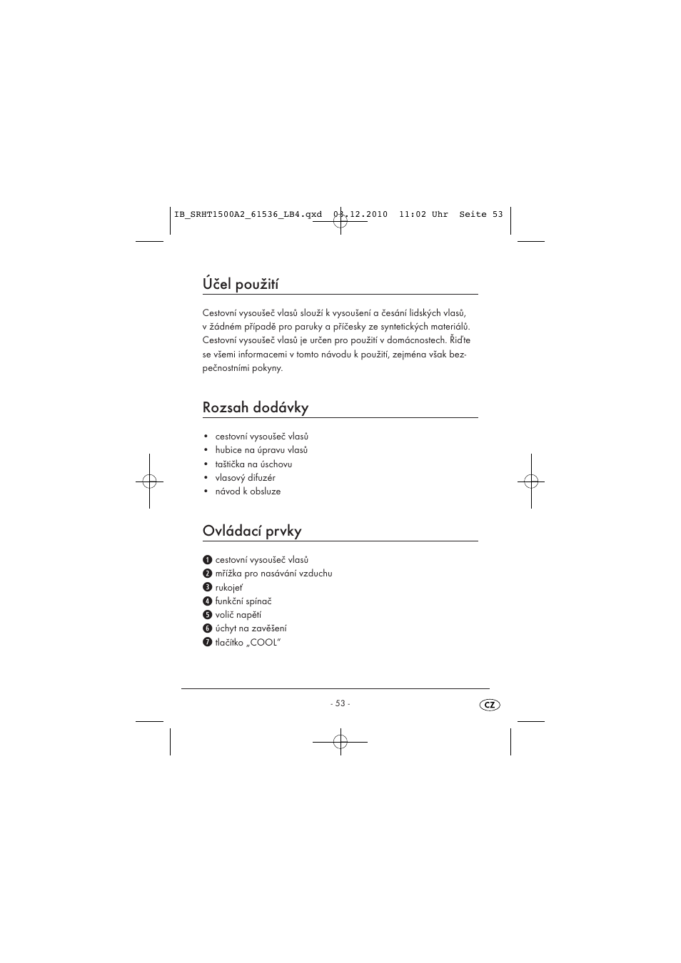 Účel použití, Rozsah dodávky, Ovládací prvky | Silvercrest SRHT 1500 A2 User Manual | Page 55 / 73