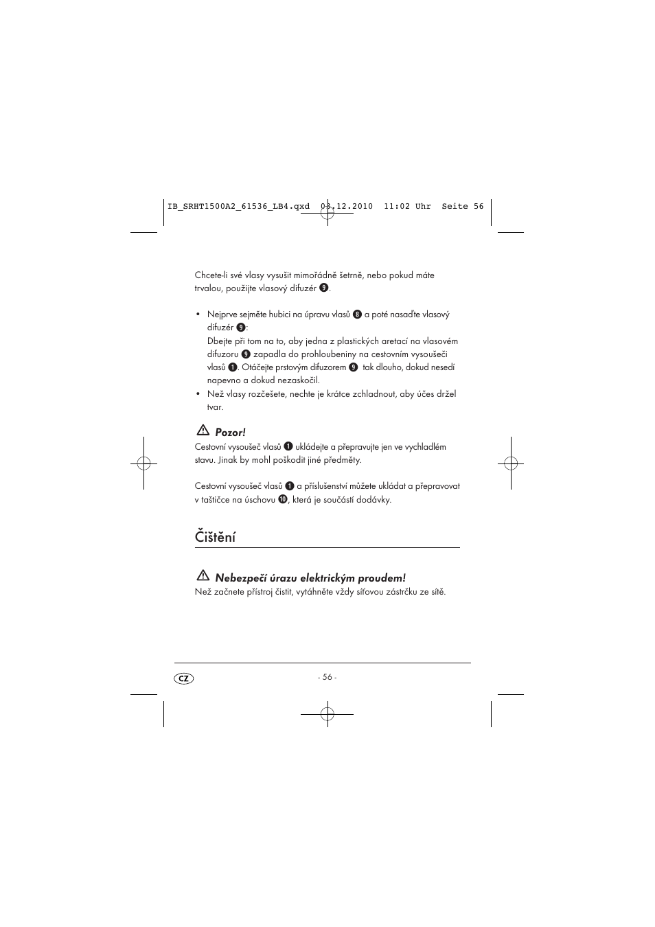 Čištění, Pozor, Nebezpečí úrazu elektrickým proudem | Silvercrest SRHT 1500 A2 User Manual | Page 58 / 73