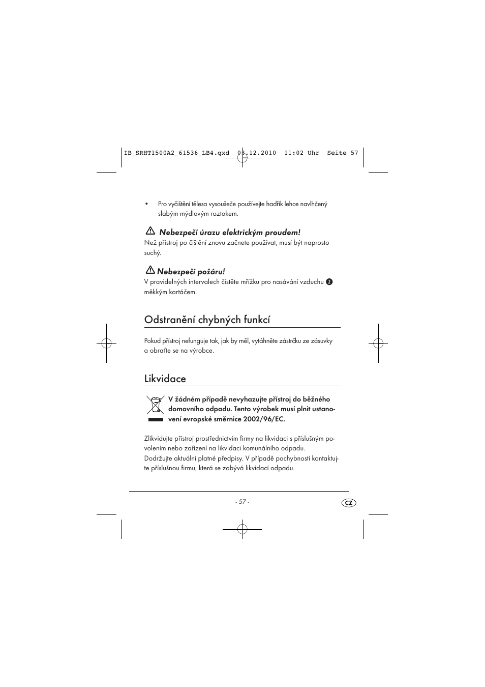 Odstranění chybných funkcí, Likvidace | Silvercrest SRHT 1500 A2 User Manual | Page 59 / 73