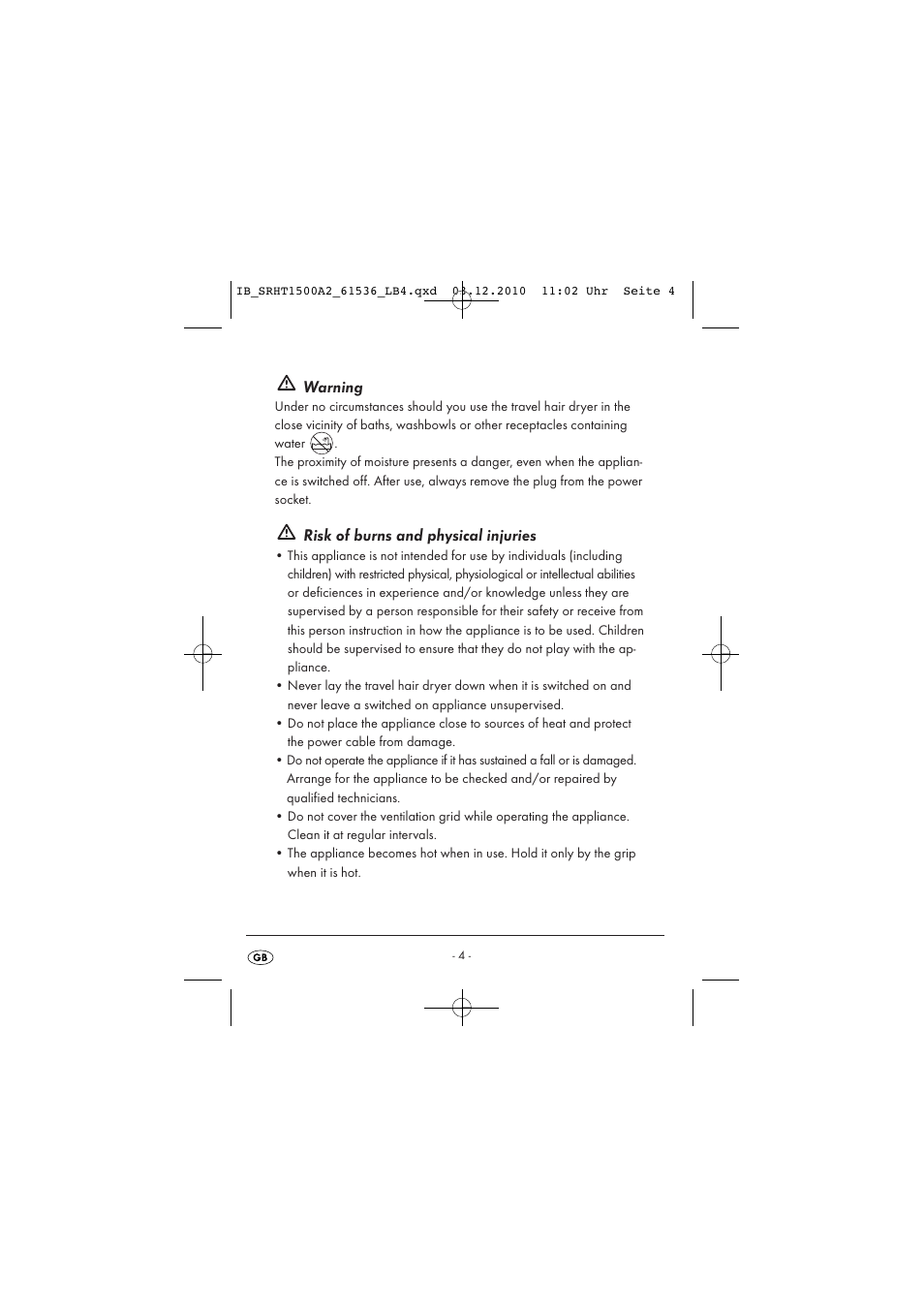 Warning, Risk of burns and physical injuries | Silvercrest SRHT 1500 A2 User Manual | Page 6 / 73