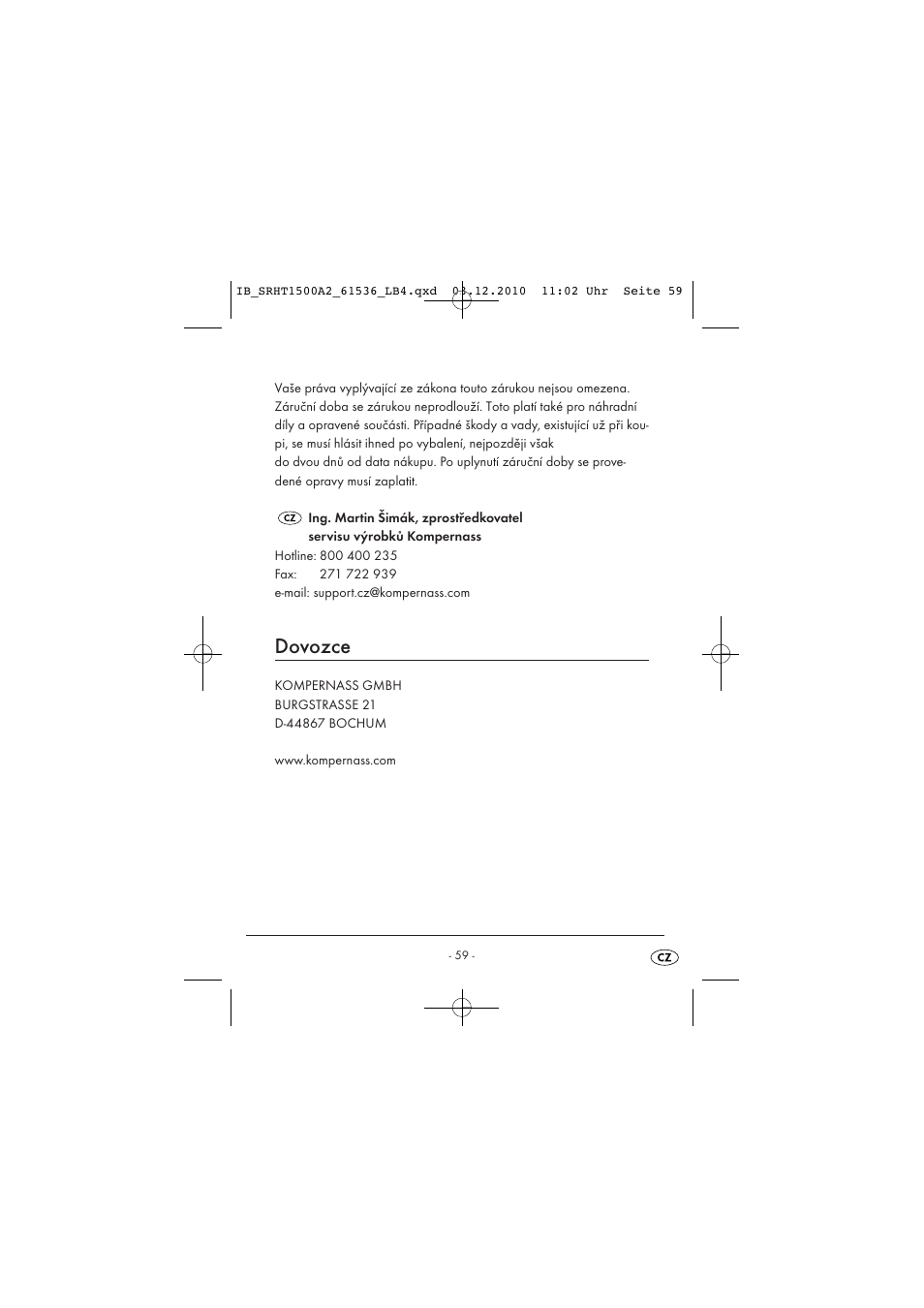 Dovozce | Silvercrest SRHT 1500 A2 User Manual | Page 61 / 73