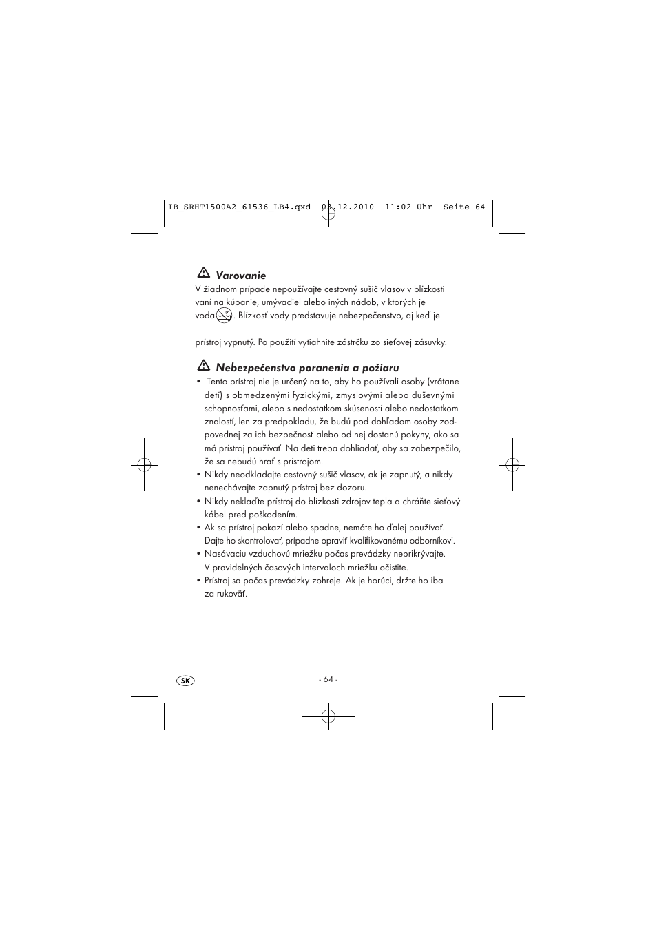 Varovanie, Nebezpečenstvo poranenia a požiaru | Silvercrest SRHT 1500 A2 User Manual | Page 66 / 73