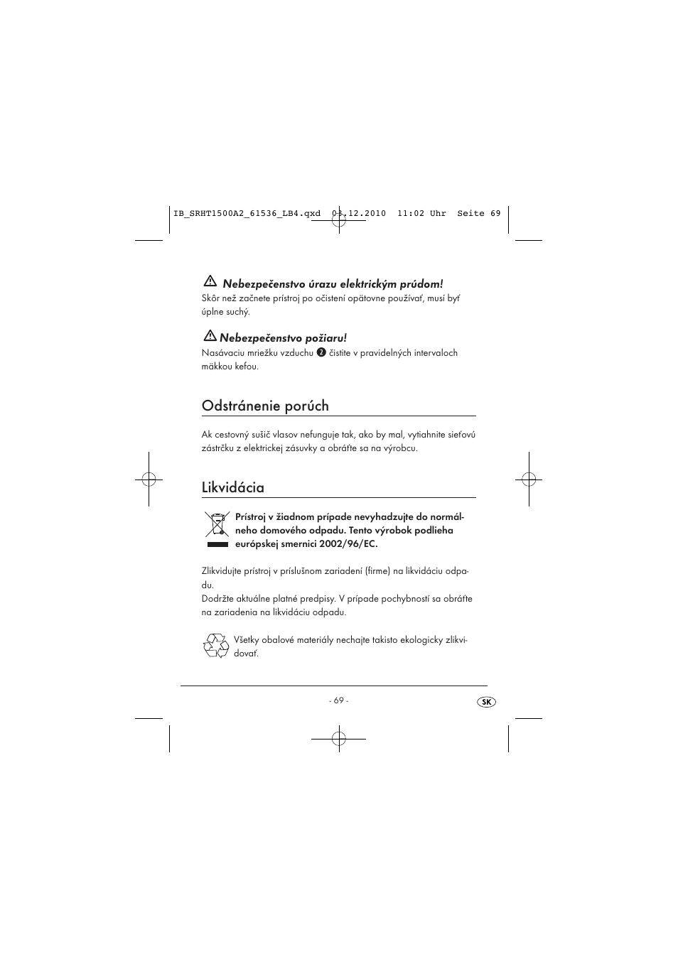 Odstránenie porúch, Likvidácia | Silvercrest SRHT 1500 A2 User Manual | Page 71 / 73