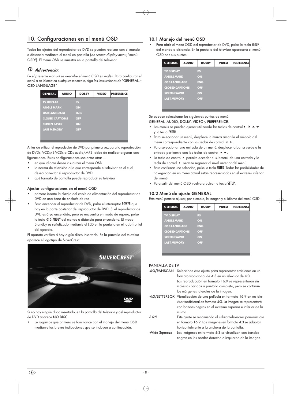 Configuraciones en el menú osd, Advertencia, 1 manejo del menú osd | 2 menú de ajuste general | Silvercrest SHDP 5.1 A1 User Manual | Page 10 / 98